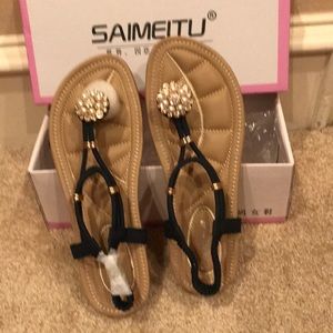 Navy pearl & Rhinestone Cluster T-Strap Sandal NIB